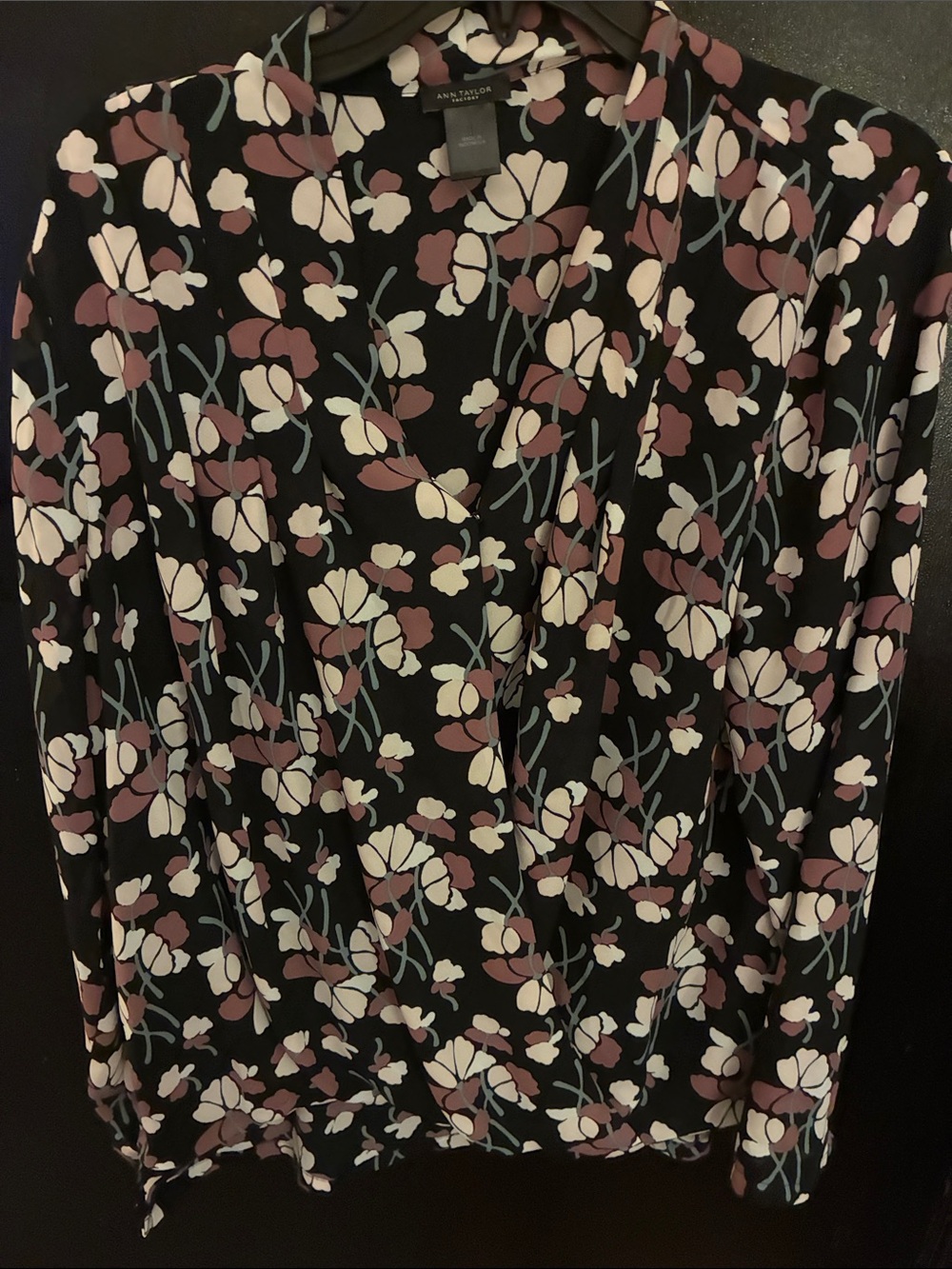 Ann Taylor Black Floral Blouse with Cream & Mauve Bloom and Blue-Green Stems